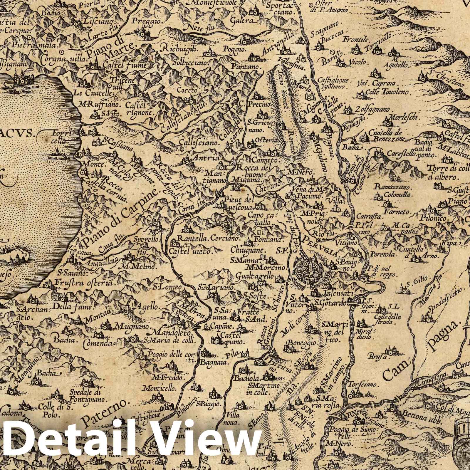 Perugia, Italy 1584 Historical Map Print - Ortelius Atlas Reproduction