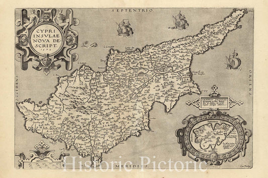 Historic Map : Cyprus, Lemnos, Greece Cypri Insulae Nova Descript. 1573, Vintage Wall Art