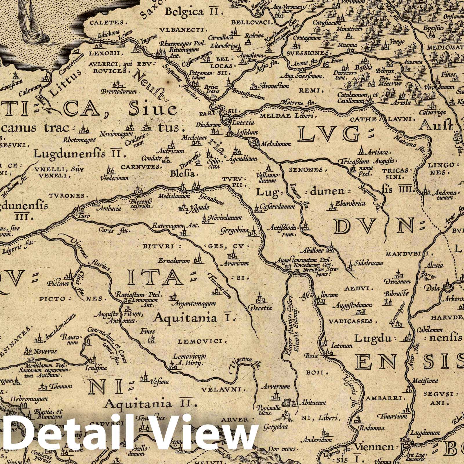 Ancient Gaul, 1608 - Historical Map Print from Ortelius Theatrum