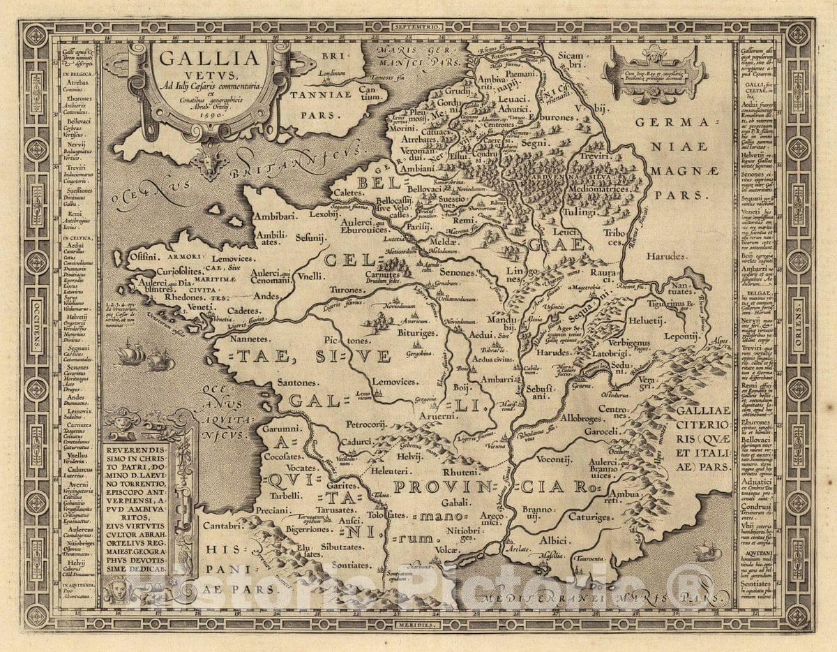 Historic Map : France, Gallia Vetus, Ad Iulij Casaris commentaria. ex Conatibus geographicis Abrah. Ortelij. 1590, 1590 Atlas , Vintage Wall Art