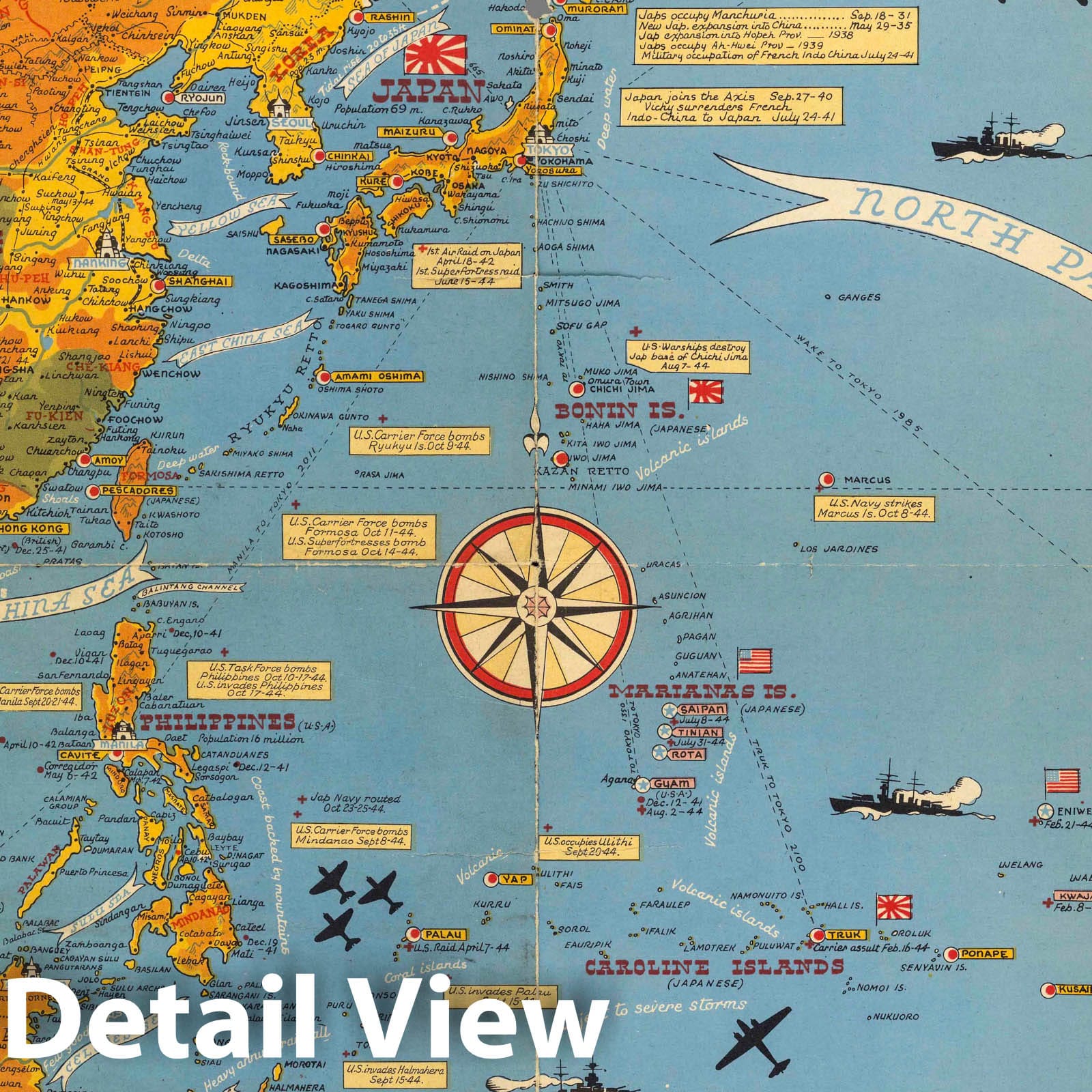Pacific and Far East - Pictorial Map, 1944 - WWII Historical Map Print