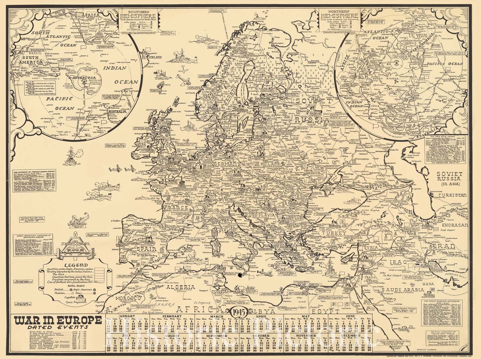 Historic Map : War in Europe. Dated Events, 1944 Pictorial Map - Vintage Wall Art