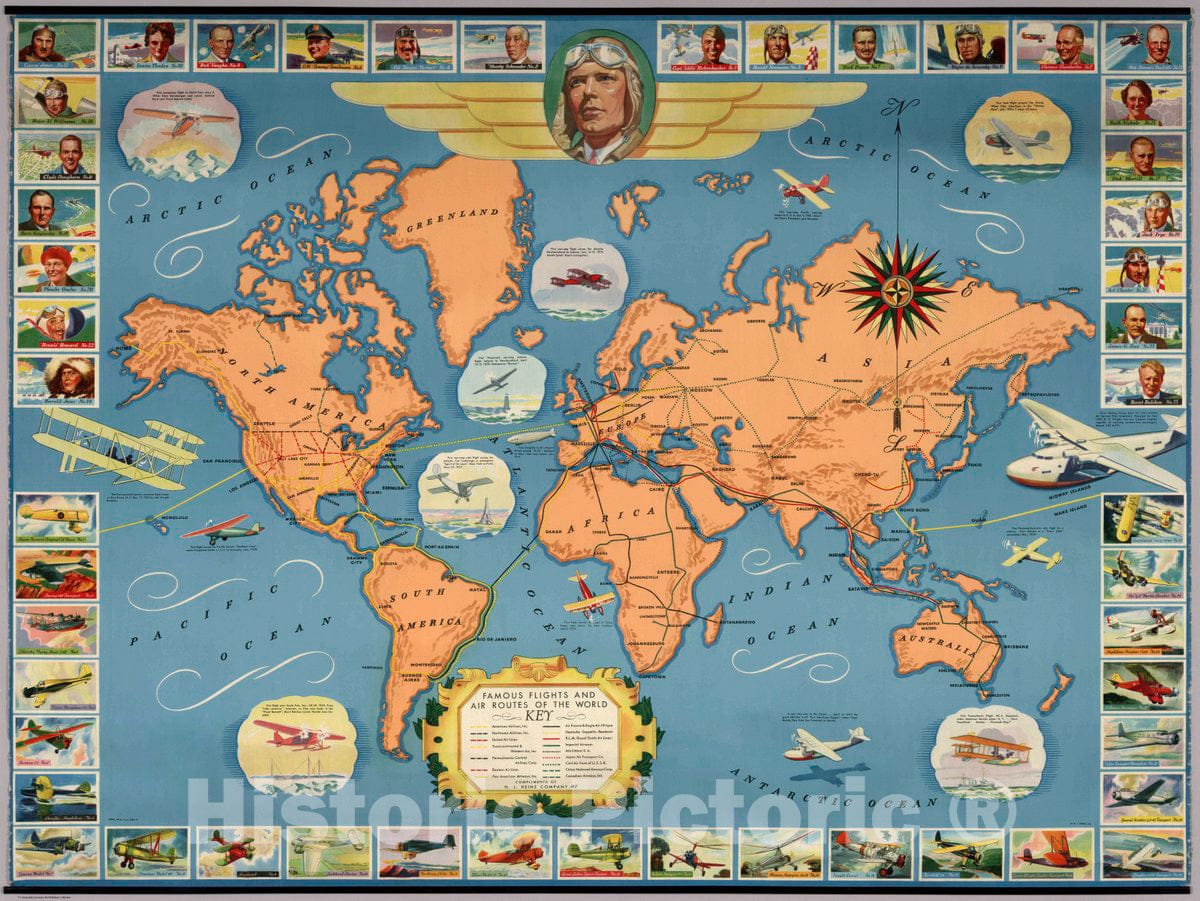 Historic Map : Famous Flights and air Routes of The World, 1937 Separate Map - Vintage Wall Art