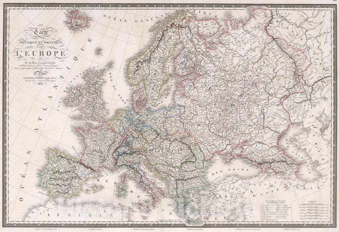 Historic Wall Map : Carte Physique et politique de l'Europe, 1829 Atlas - Vintage Wall Art