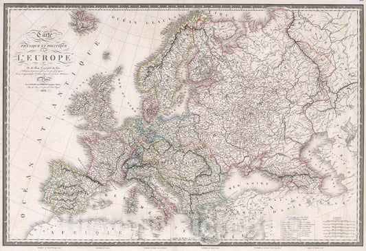 Historic Wall Map : Carte Physique et politique de l'Europe, 1829 Atlas - Vintage Wall Art
