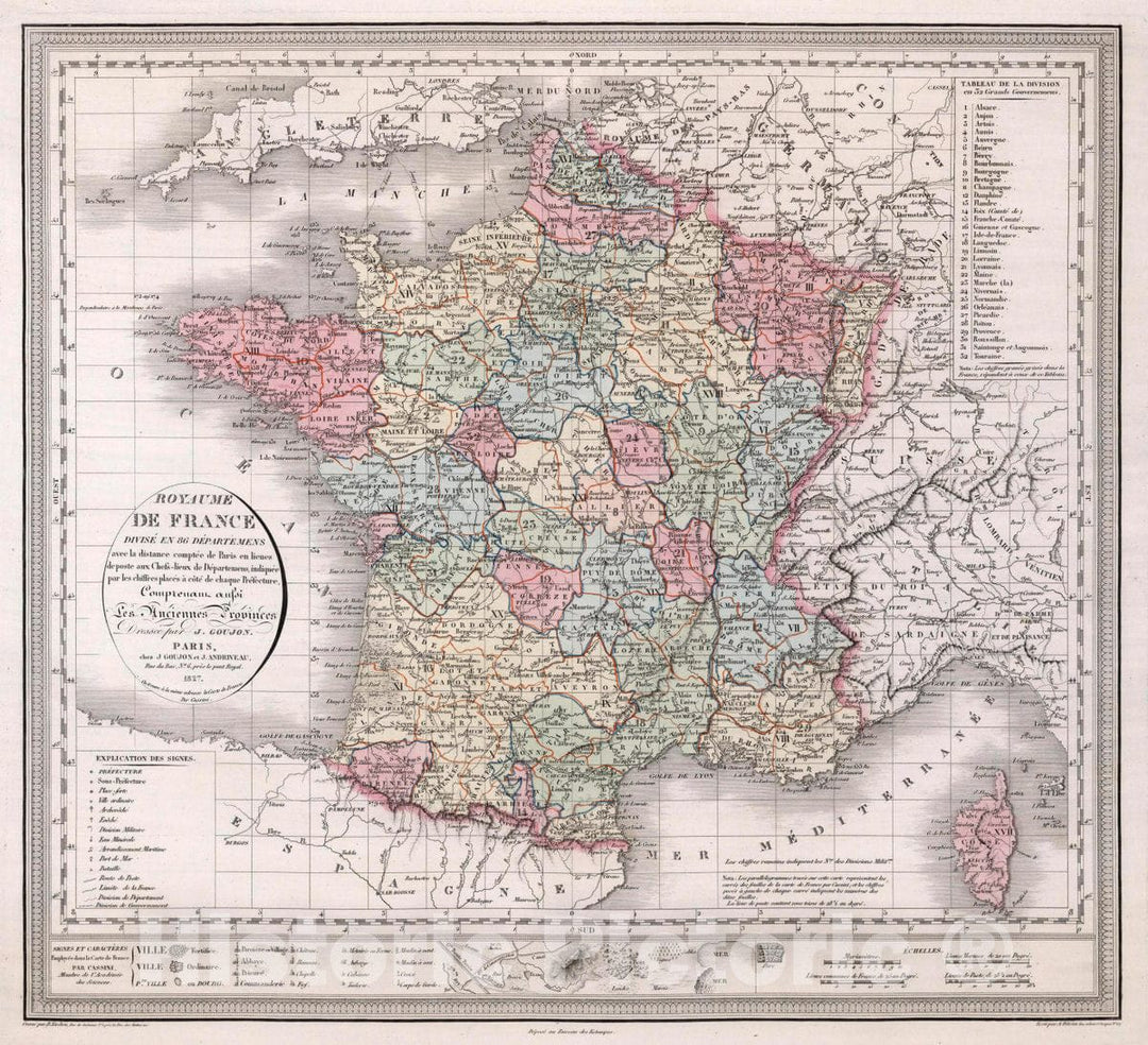 Historic Map : France, Royaume de France divise en 86 departemens, 1827 Atlas , Vintage Wall Art