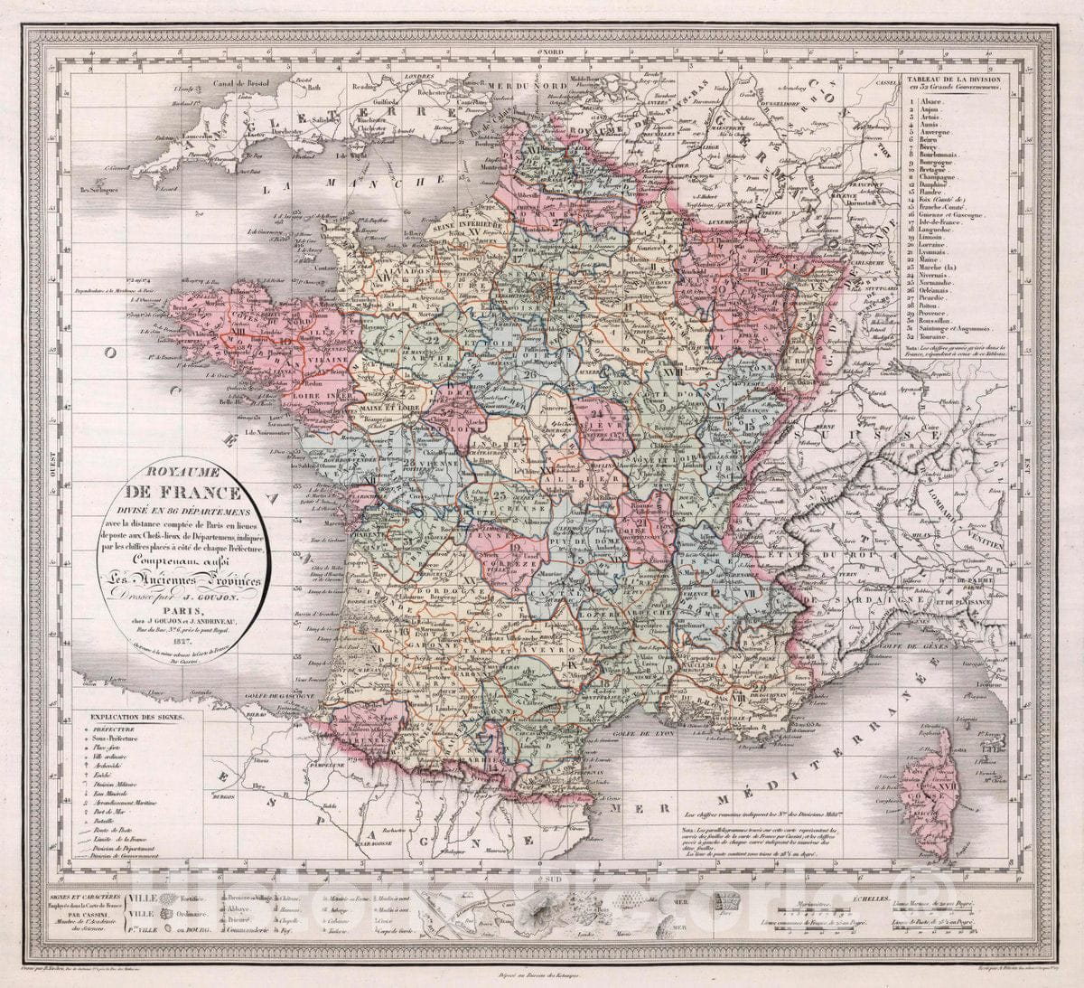 Historic Map : France, Royaume de France divise en 86 departemens, 1827 Atlas , Vintage Wall Art