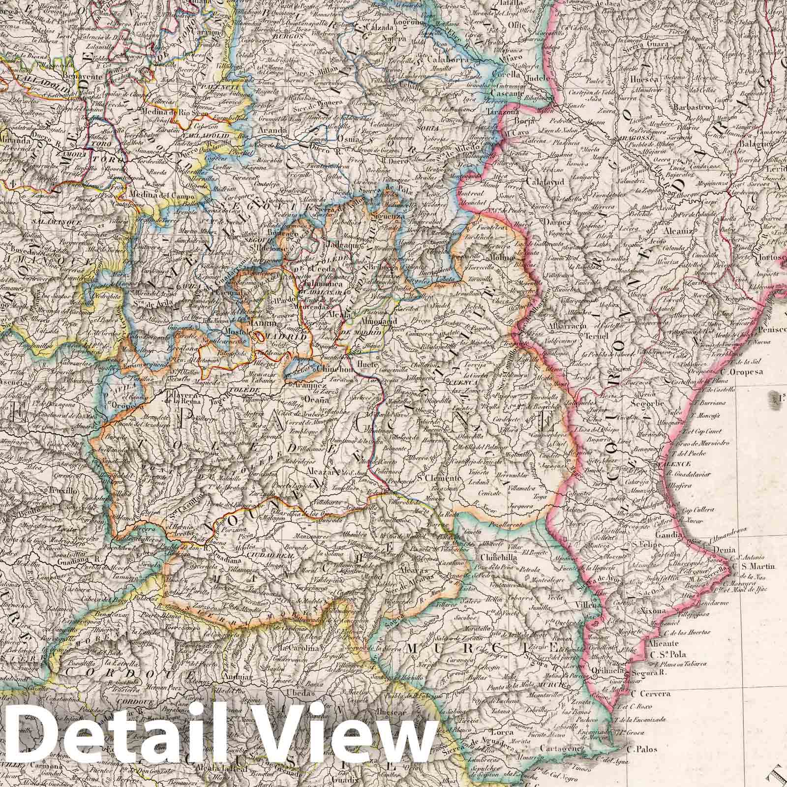Spain and Portugal - Road Map, 1829 - Hand-Colored Historical Map Print