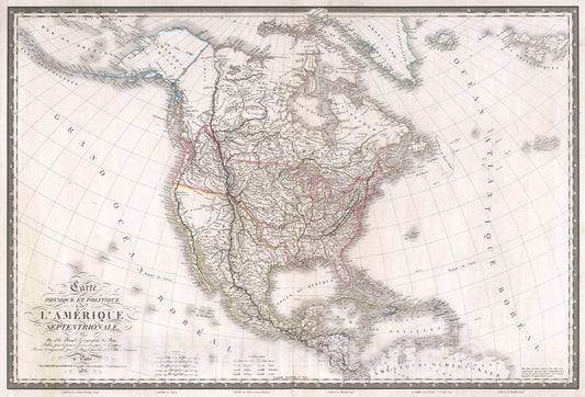 Historic Map - Carte Physique et Politique De L'Amerique Septentrionale, 1827, Adrien-Hubert Bru?- Vintage Wall Art