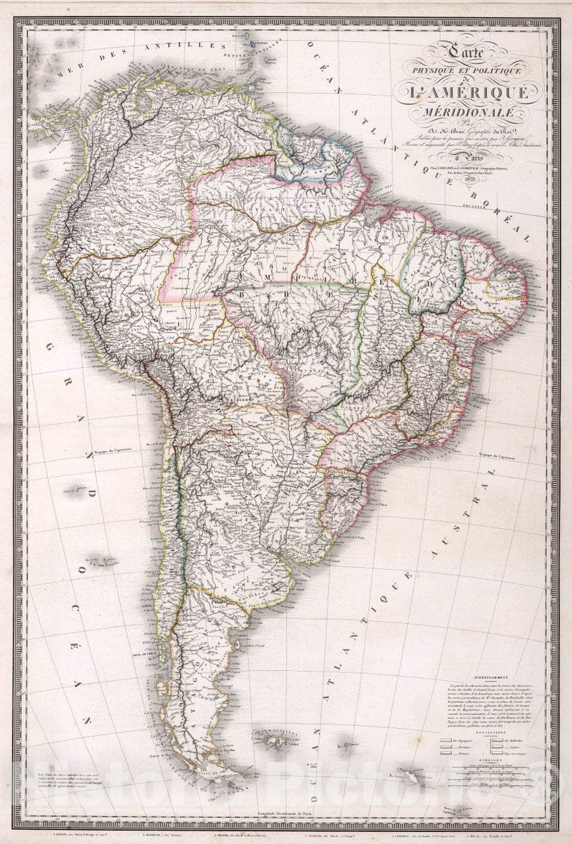 Historic Map : 1825 Carte Physique et politique de l'Amerique Meridionale - Vintage Wall Art
