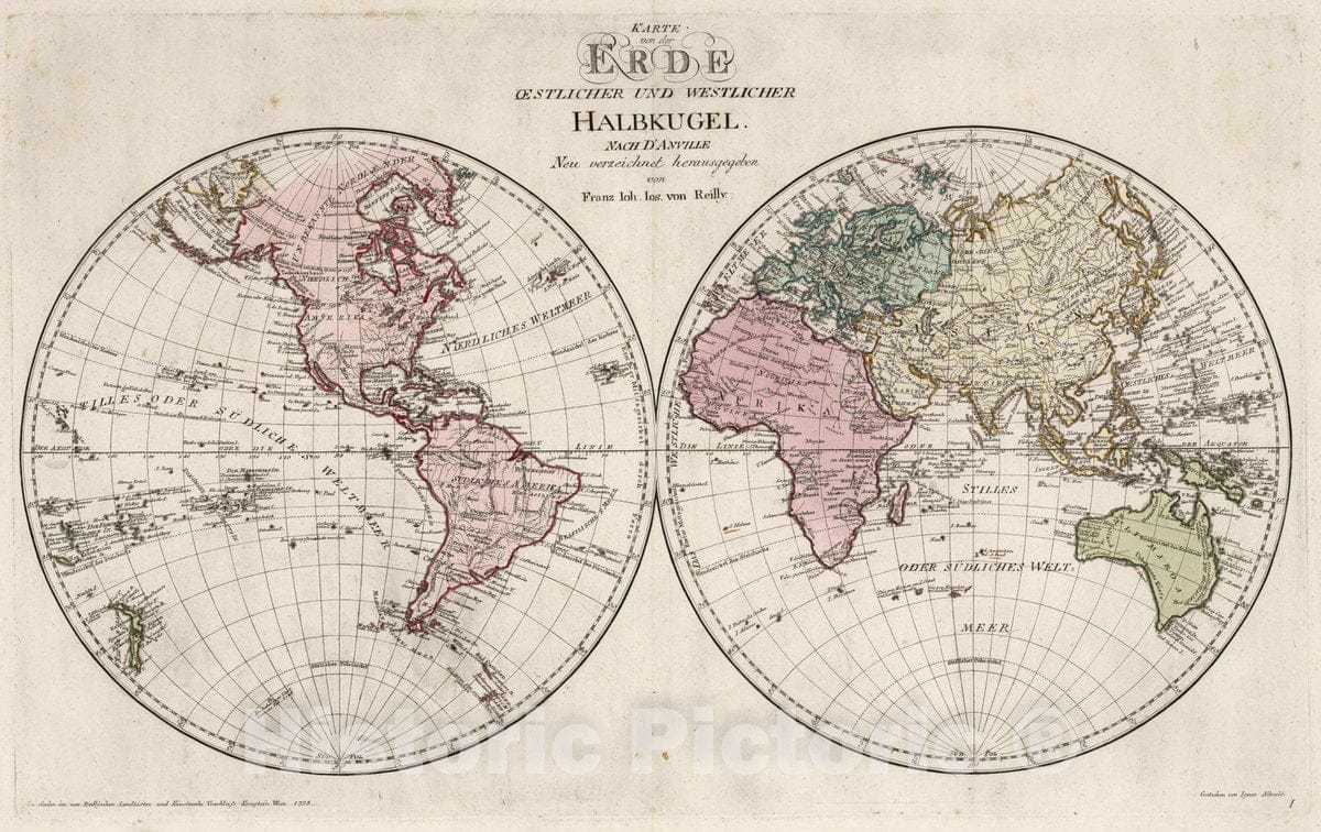 Historic Map : 1795 I. Karte von der Erde oestlicher und westlicher Halbkugel - Vintage Wall Art