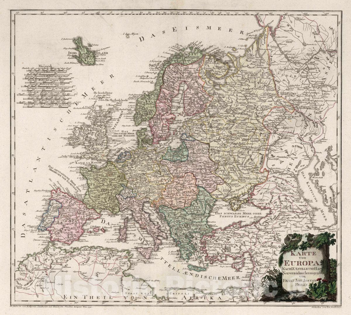 Historic Map : Karte von Europa. Nach d'Anville und Has. Neu verzeichnet herausgegeben von Franz Joh. Jos. von Reilly. 1795 Atlas - Vintage Wall Art