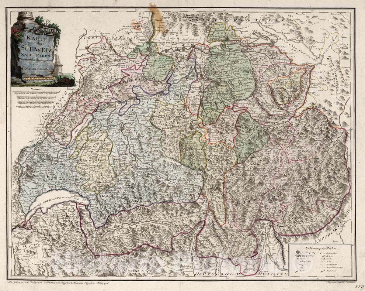 Historic Map : Switzerland, Karte von der Schweiz. Nach Faden. Neu verzeichnet herausgegeben von Franz Joh. Jos. Von Reilly. stwer, 1796 Atlas , Vintage Wall Art