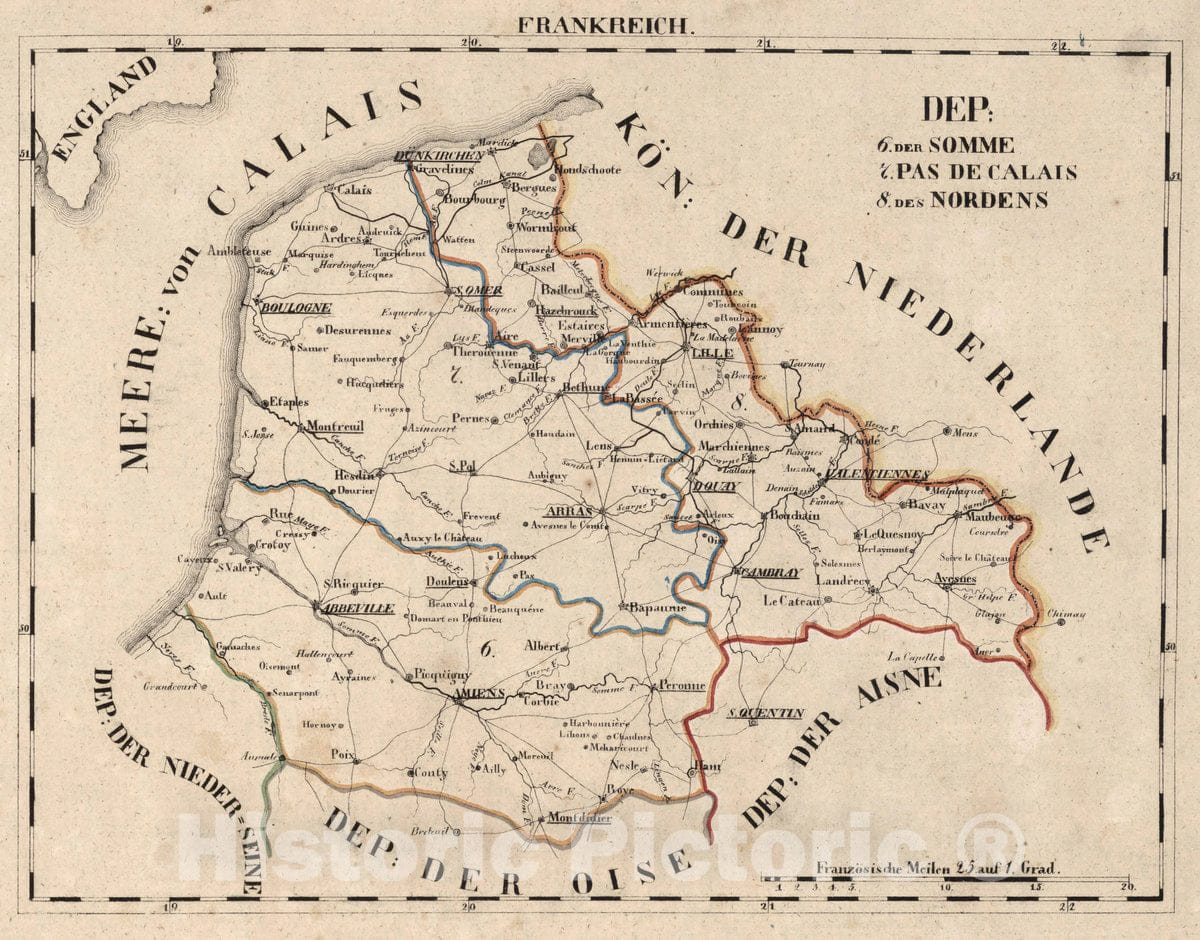 Historic Map : France, V.1:1-5: I: Frankreich. DEP: 6. Der Somme. 7. Pas de Calais. 8. des Nordens, 1825 Atlas , Vintage Wall Art