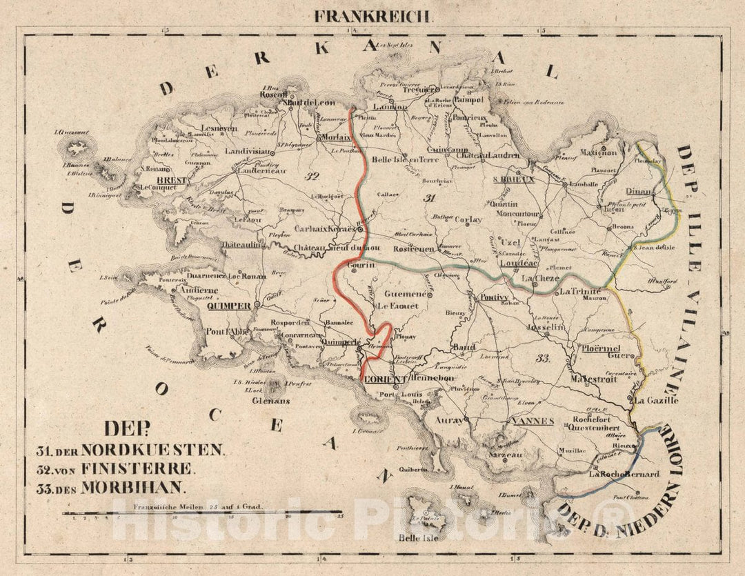 Historic Map : France, V.1:1-5: I Frankreich. DEP: 31. Der Nordkuesten. 32. Von Finisterre. 33. Der. Morbihan, 1825 Atlas , Vintage Wall Art