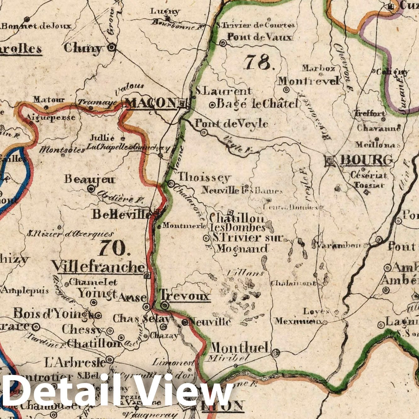 France - Departments of Saone-et-Loire, Rhone, Loire, and Ain, 1825 Historical Map Print