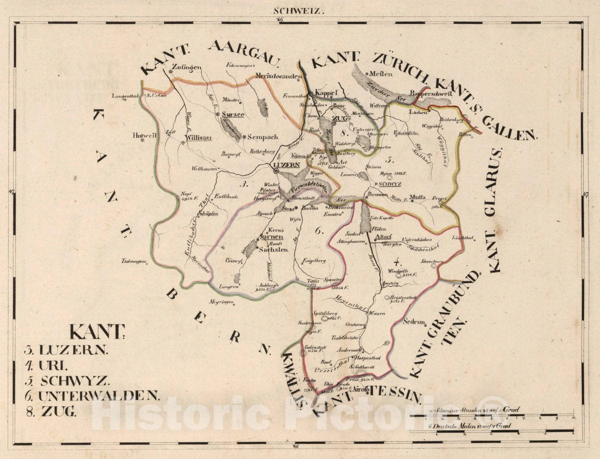 Historic Map : Switzerland, V.1:1-5: III: Schweiz. Kant: 3. Luzern. 4. Uri. 5. Schwyz. 6. Unterwalden. 8. Zug, 1825 Atlas , Vintage Wall Art