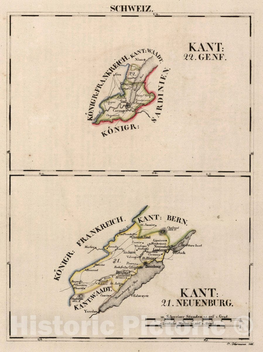 Historic Map : Switzerland, V.1:1-5: III: Schweiz. Kant: 22. Genf. 21. Kant: 21. Neuenburg, 1825 Atlas , Vintage Wall Art