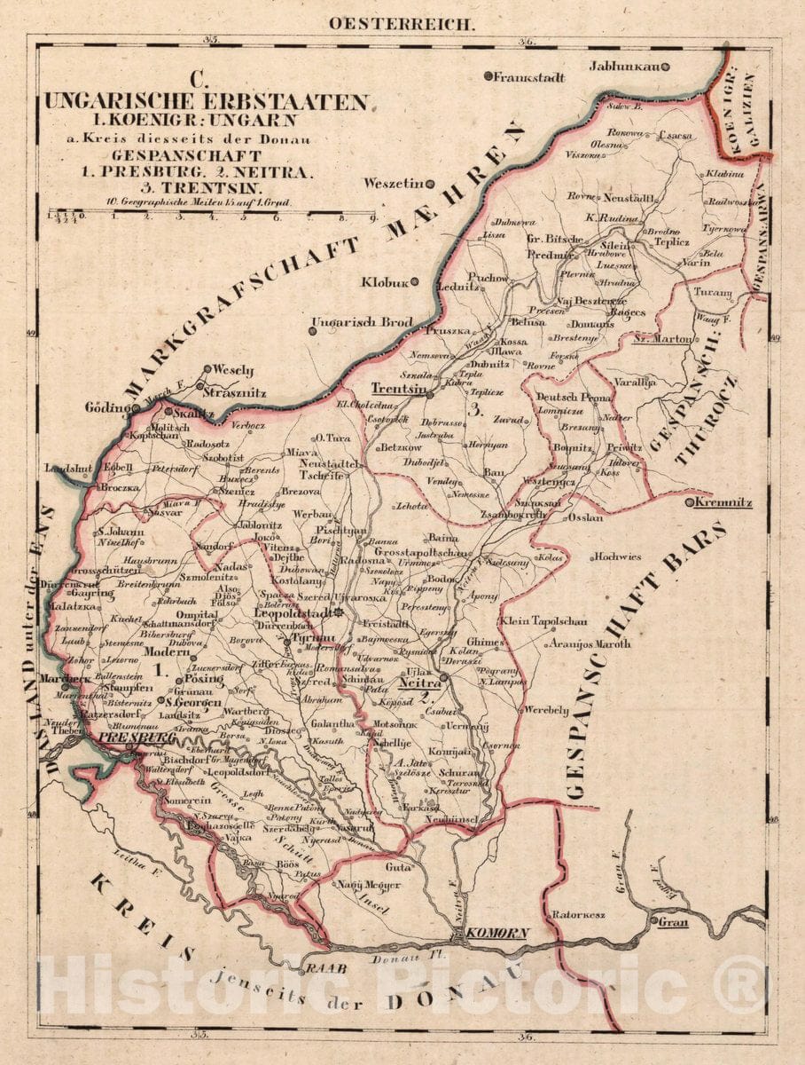 Historic Map : Austria, V.3:11-15:XII: 2. C. Ungarische erbstaaten, I. Koenigr: Ungarn. Gespanschaft 1-3, 1828 Atlas , Vintage Wall Art