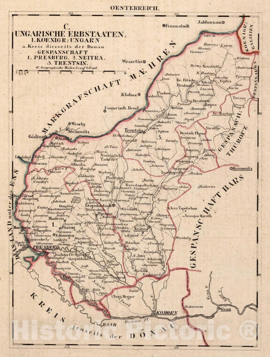 Historic Map : Austria, V.3:11-15:XII: 2. C. Ungarische erbstaaten, I. Koenigr: Ungarn. Gespanschaft 1-3, 1828 Atlas , Vintage Wall Art