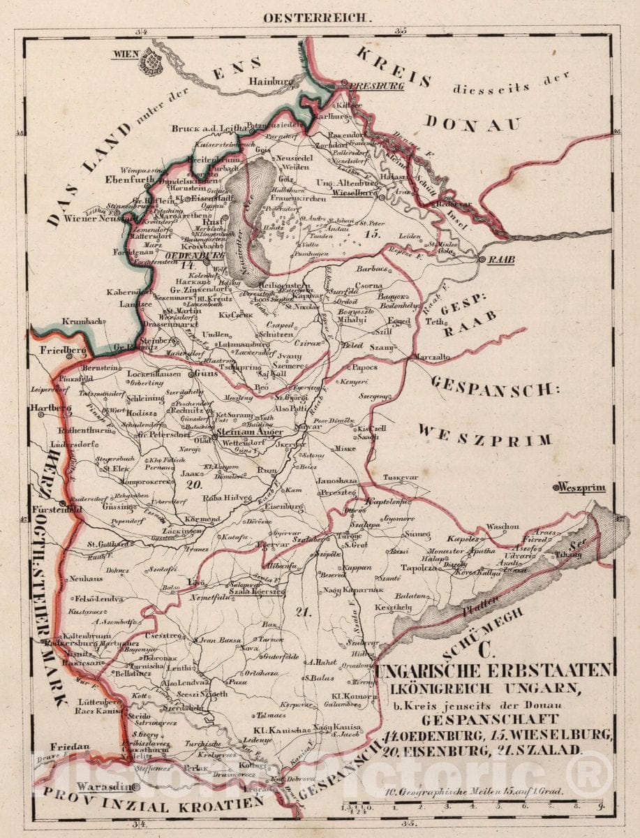 Historic Wall Map : Austria, V.3:11-15:XII: 2. Oesterreich. C. Ungarische erbstaaten, I. Koenigr: Ungarn, Gespanschaft 14-15 & 20-21, 1828 Atlas , Vintage Wall Art