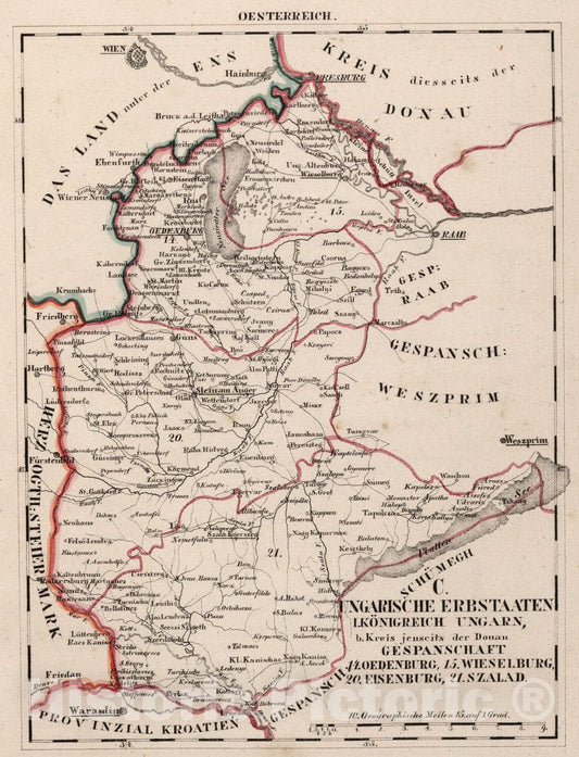 Historic Wall Map : Austria, V.3:11-15:XII: 2. Oesterreich. C. Ungarische erbstaaten, I. Koenigr: Ungarn, Gespanschaft 14-15 & 20-21, 1828 Atlas , Vintage Wall Art