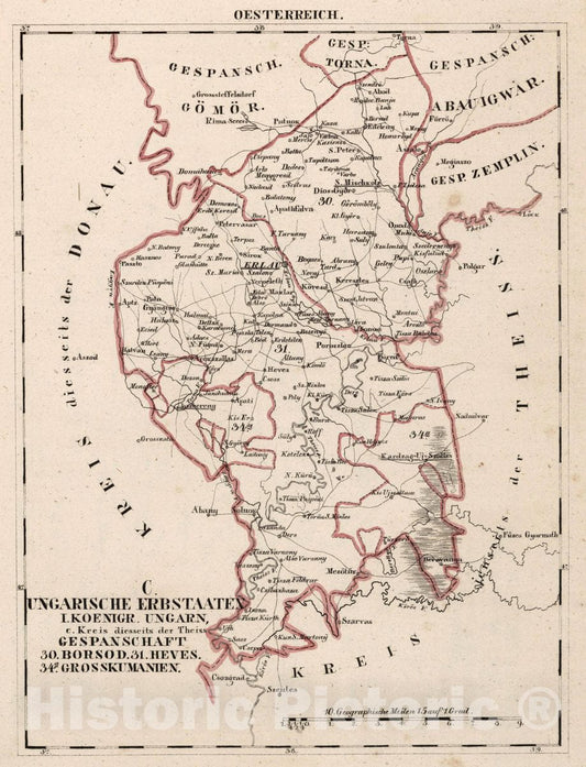 Historic Map : Austria, V.3:11-15:XII: 2. Oesterreich. C. Ungarische erbstaaten, I. Koenigr: Ungarn, Gespanschaft 30-31, 34a, 1828 Atlas , Vintage Wall Art