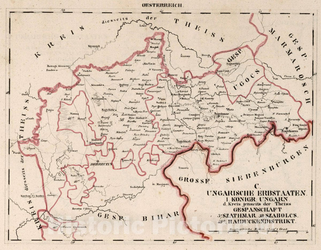Historic Map : Austria, V.3:11-15:XII: 2. Oesterreich. C. Ungarische erbstaaten, I. Koenigr: Ungarn, Gespanschaft 37-38, 46a, 1828 Atlas , Vintage Wall Art