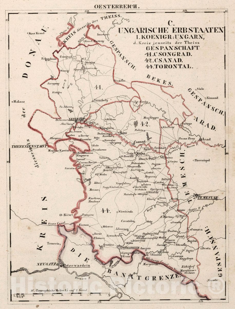 Historic Map : Austria, V.3:11-15:XII: 2. Oesterreich. C. Ungarische erbstaaten, I. Koenigr: Ungarn, Gespanschaft 41-42, 44, 1828 Atlas , Vintage Wall Art