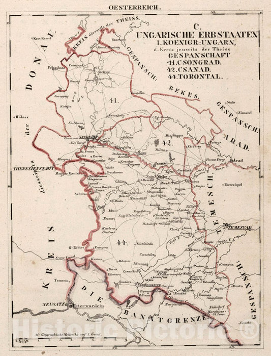 Historic Map : Austria, V.3:11-15:XII: 2. Oesterreich. C. Ungarische erbstaaten, I. Koenigr: Ungarn, Gespanschaft 41-42, 44, 1828 Atlas , Vintage Wall Art