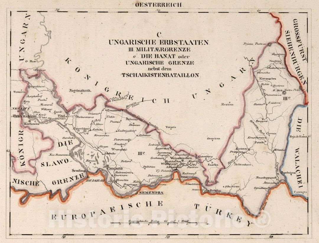 Historic Map : Austria, V.3:11-15:XII: 2. Oesterreich. C. Ungarische erbstaaten, III. Militaergrenze. e. Die Banat, 1828 Atlas , Vintage Wall Art