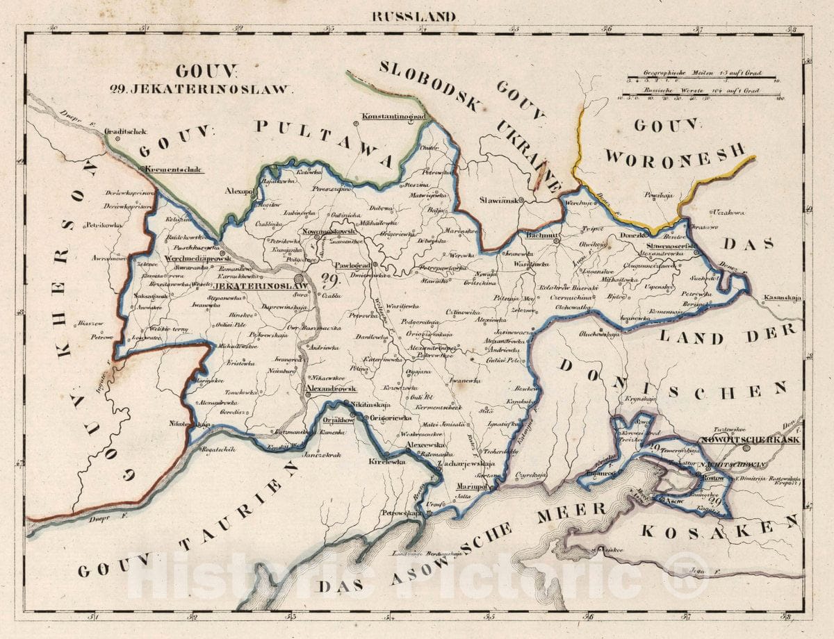 Historic Map : Russia, V.3:11-15:XIII. Russland. Gouv: 29. Jekaterinoslaw, 1829 Atlas , Vintage Wall Art