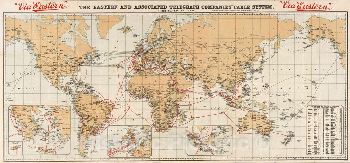 Historic Wall Map : 1922 Via Eastern : The Eastern and Associated Telegraph Companies' Cable System - Vintage Wall Art