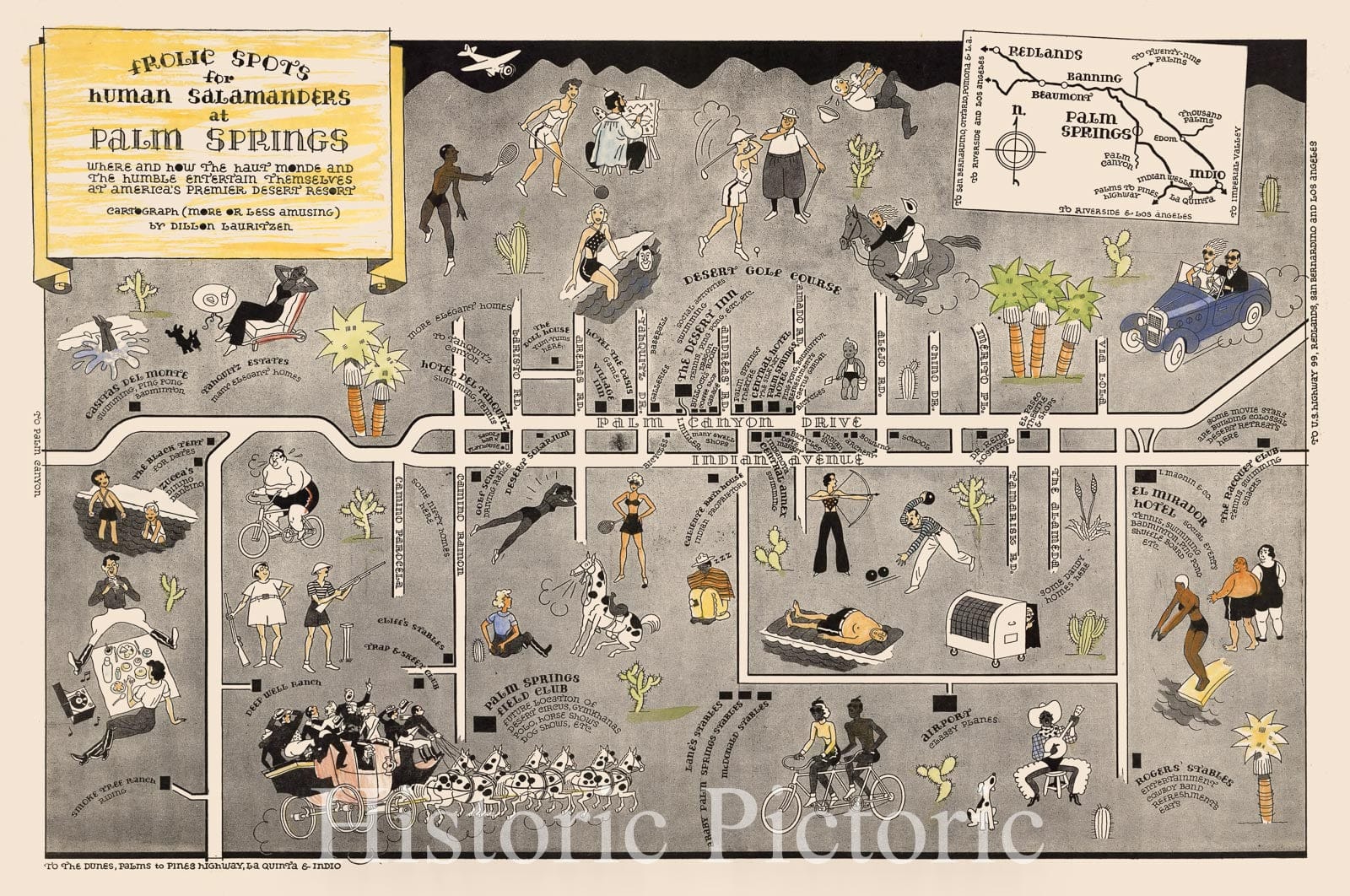 Historic Map : Frolic Spots for Human Salamanders at Palm Springs, 1933 Pictorial Map - Vintage Wall Art