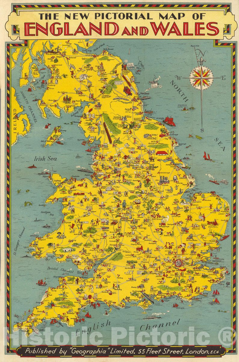 Pictorial Map of England and Wales, 1935 - Historical Map Print