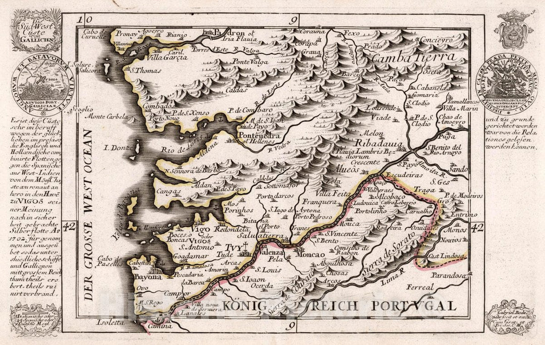 Historic Map : Spain, , Europe Die Sud-West Custe von Gallicien. Gabriel Bodenehr, fec. et Excu. Cum Grat. Neuer und Compendieuser Atlas. 9. 1704 , Vintage Wall Art