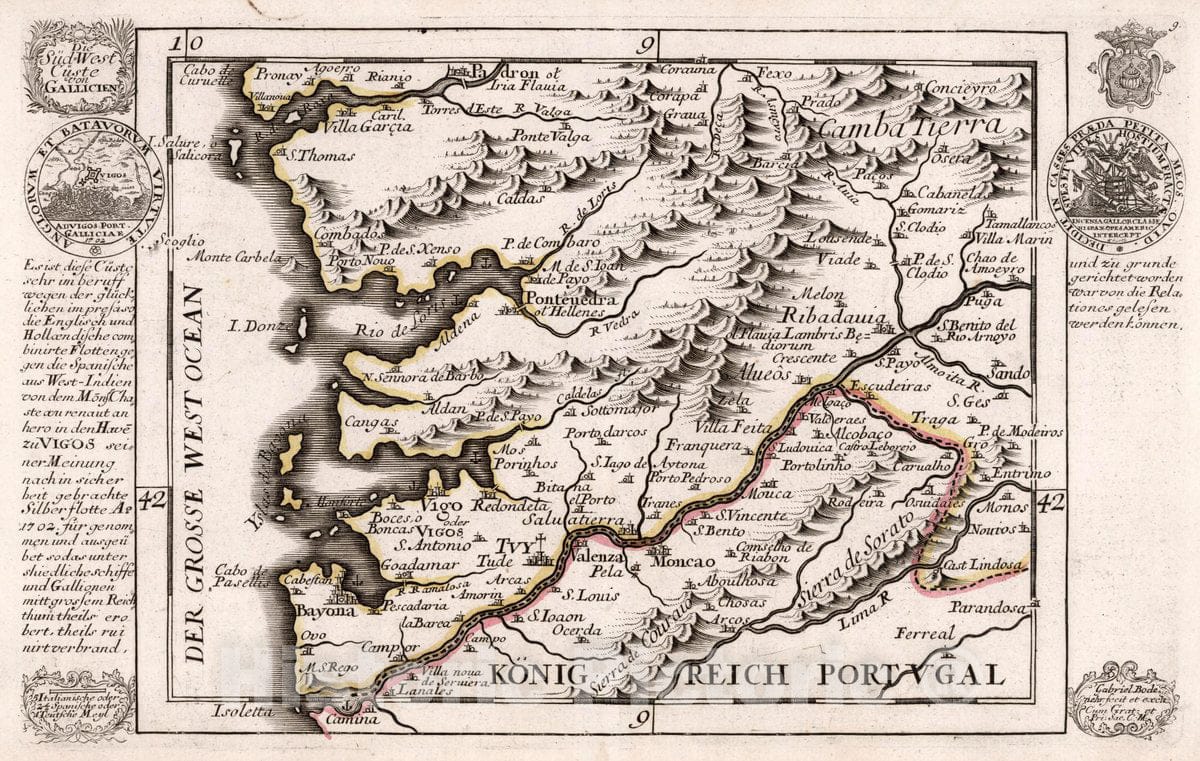 Historic Map : Spain, , Europe Die Sud-West Custe von Gallicien. Gabriel Bodenehr, fec. et Excu. Cum Grat. Neuer und Compendieuser Atlas. 9. 1704 , Vintage Wall Art