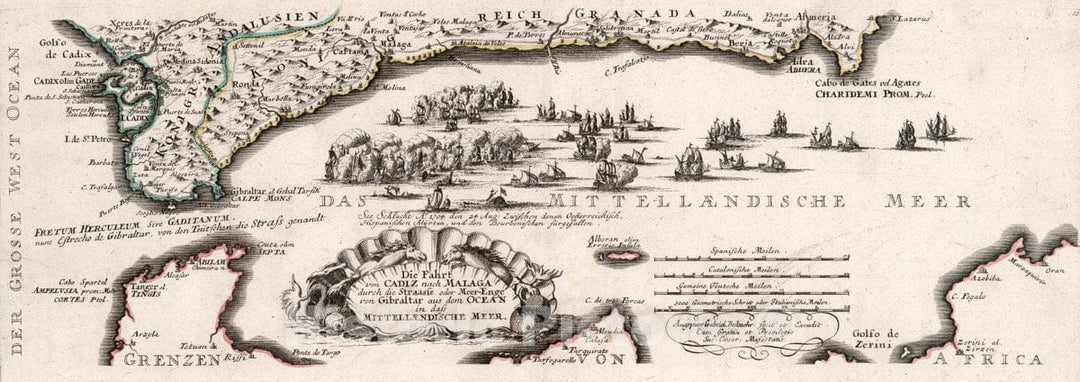 Historic Map : Spain, , Europe Die Fahrt von Cadiz nach Malaga, 1704 Atlas , Vintage Wall Art