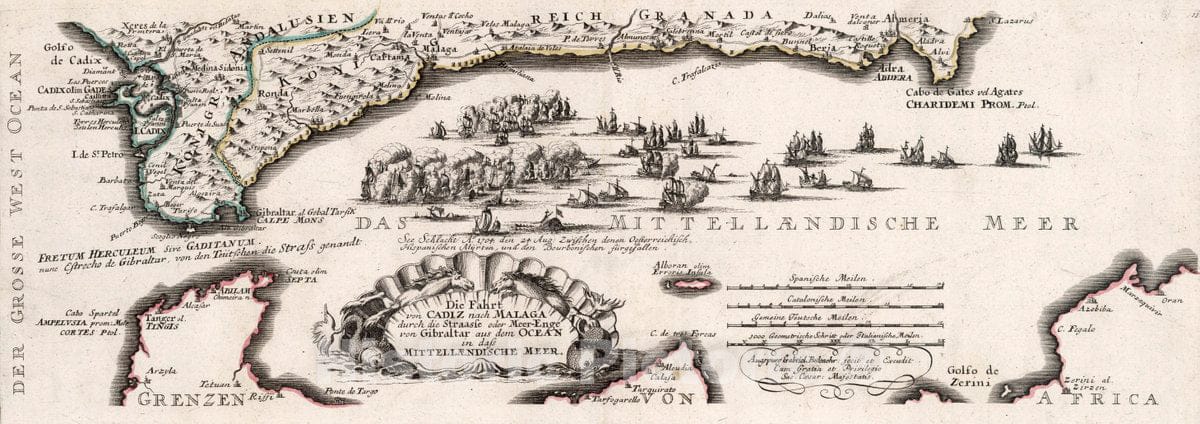 Historic Map : Spain, , Europe Die Fahrt von Cadiz nach Malaga, 1704 Atlas , Vintage Wall Art