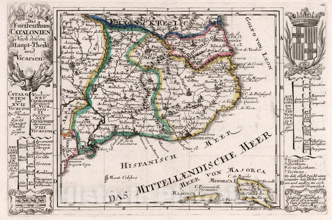 Historic Map : Spain, , Europe Das Furstenthum Catalonien : Nach dessen Haupt-Theilen und Vicarien, 1704 Atlas , Vintage Wall Art