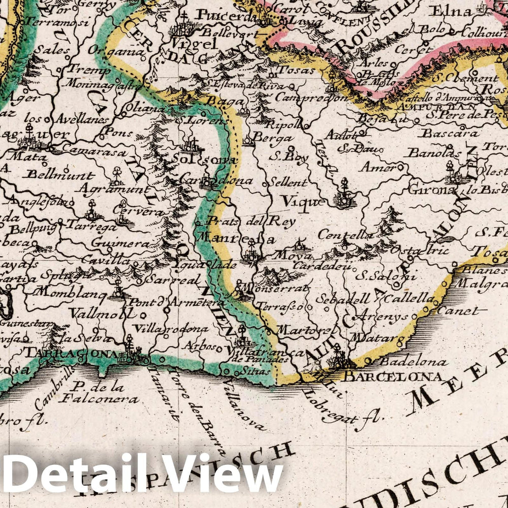 Historic Map : Spain, , Europe Das Furstenthum Catalonien : Nach dessen Haupt-Theilen und Vicarien, 1704 Atlas , Vintage Wall Art