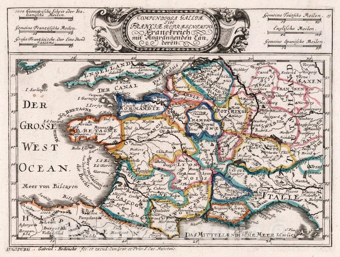 Historic Map : France, , Europe Compendiosa Galliae sive Franciae, 1704 Atlas , Vintage Wall Art