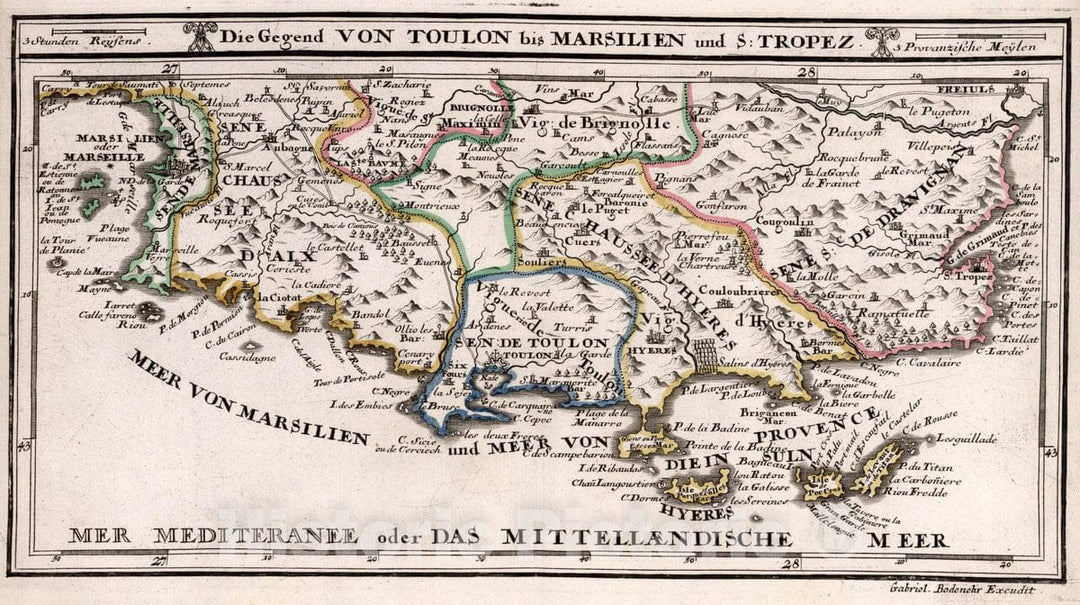 Historic Map : France, , Europe 1716 Die Gegend Von Toulon bis Marsilien und S. Tropez , Vintage Wall Art
