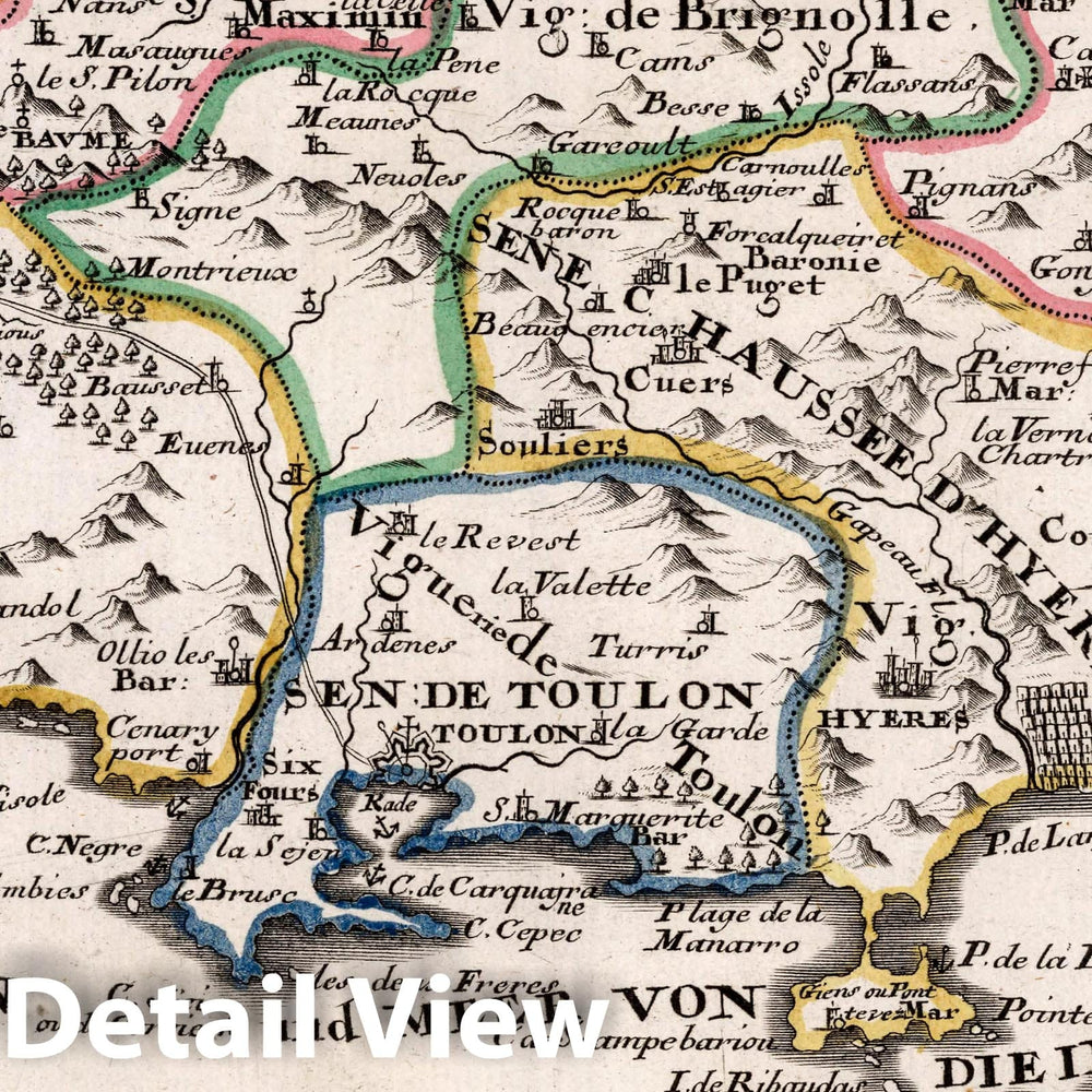Historic Map : France, , Europe 1716 Die Gegend Von Toulon bis Marsilien und S. Tropez , Vintage Wall Art