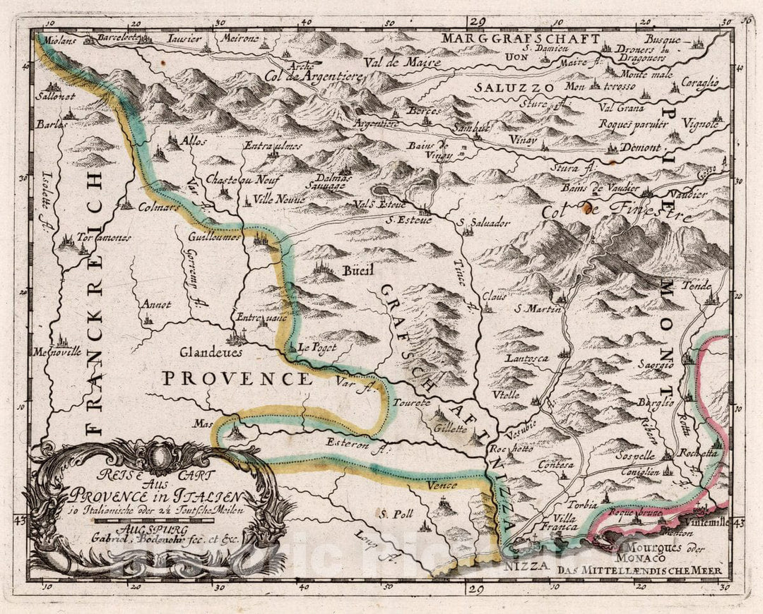 Historic Map : France, , Europe Reise cart aus Provence in Italien, 1716 Atlas , Vintage Wall Art