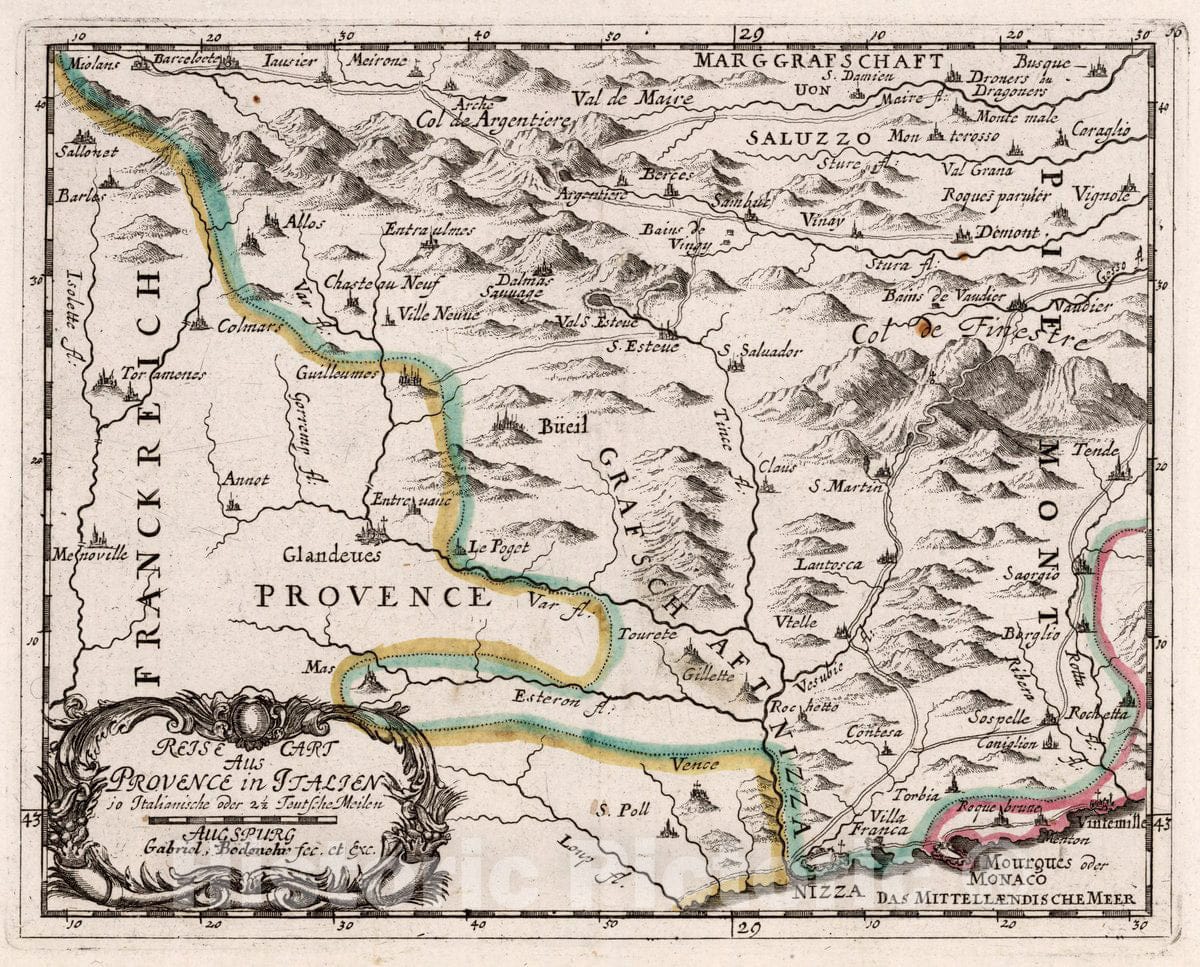 Historic Map : France, , Europe Reise cart aus Provence in Italien, 1716 Atlas , Vintage Wall Art