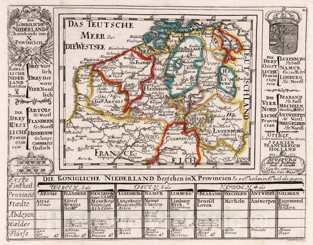 Historic Map : Belgium, , Europe Die Niederland bestehende inn X Provincien, 1716 Atlas , Vintage Wall Art
