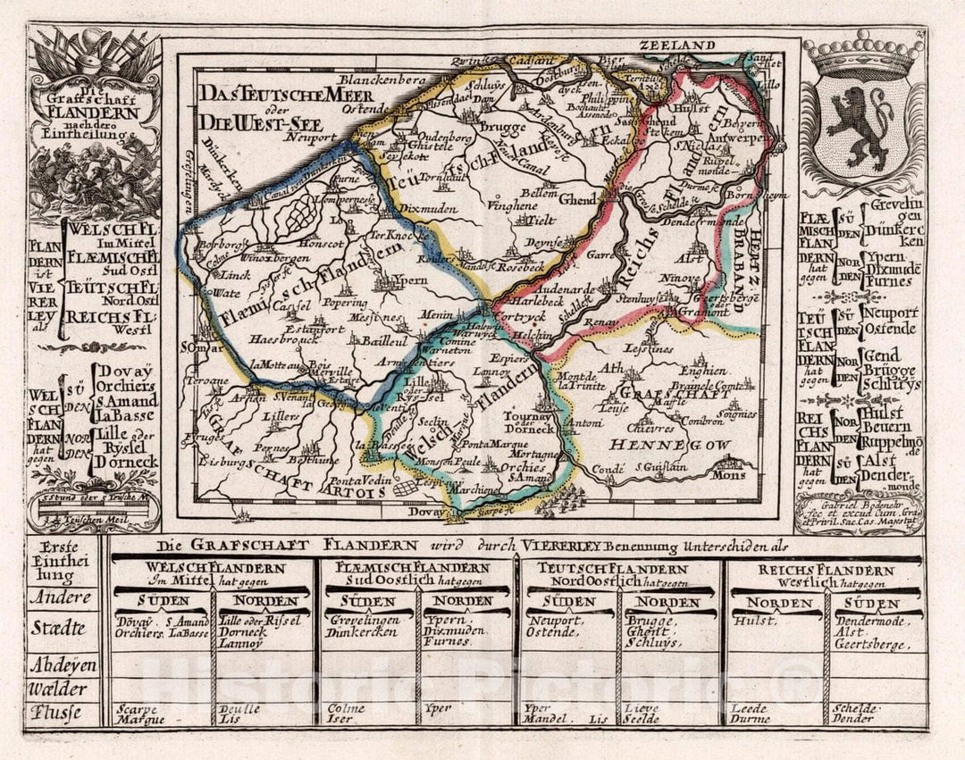 Historic Map : Belgium, , Europe Die Grafschaft Flandern nach der Eintheilung, 1716 Atlas , Vintage Wall Art
