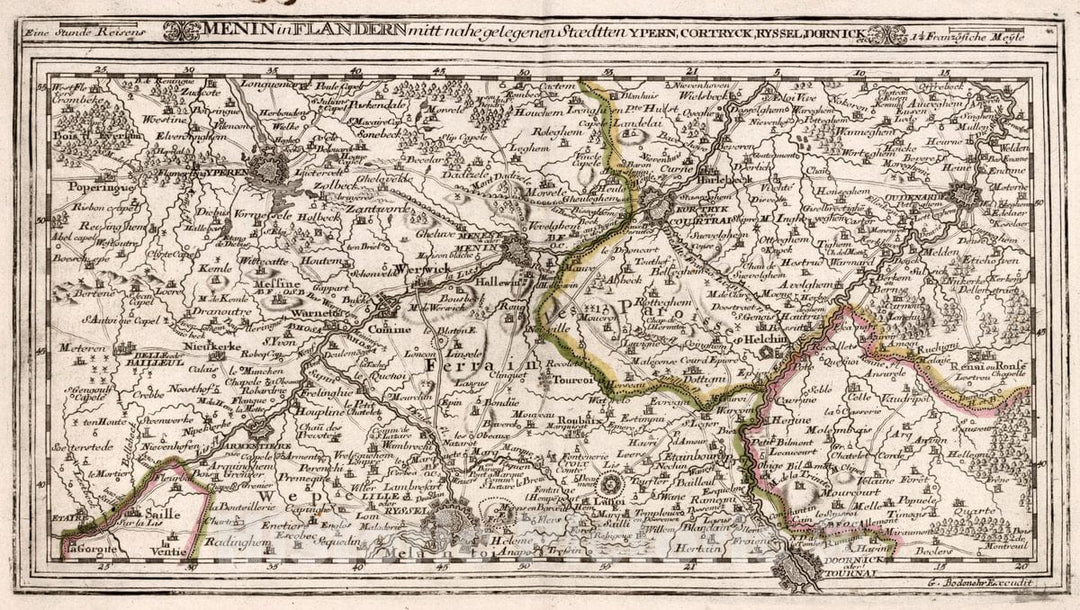 Historic Map : Belgium, , Europe Menin in Flandern : Mitt nahe Gelegenen Staedtten Ypern, Cortryck, Ryssel, Dornick etc., 1716, Vintage Wall Art