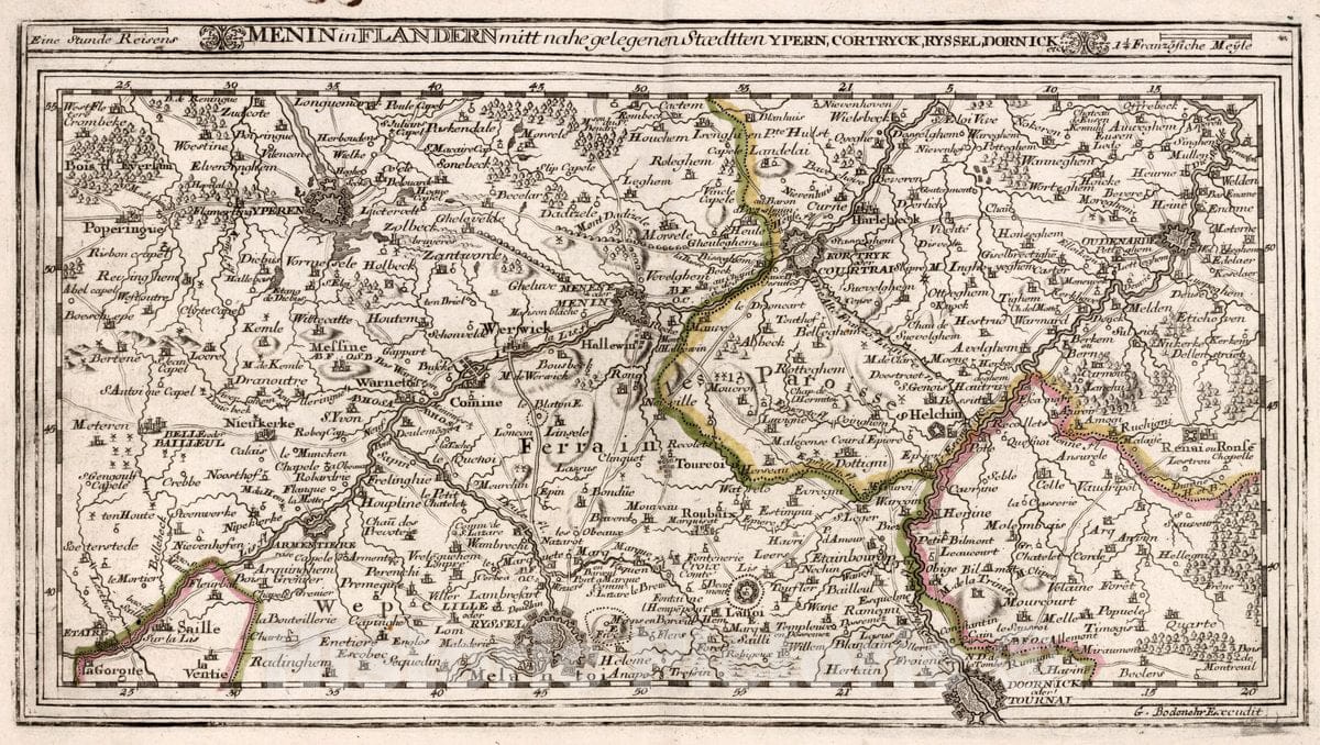 Historic Map : Belgium, , Europe Menin in Flandern : Mitt nahe Gelegenen Staedtten Ypern, Cortryck, Ryssel, Dornick etc., 1716, Vintage Wall Art